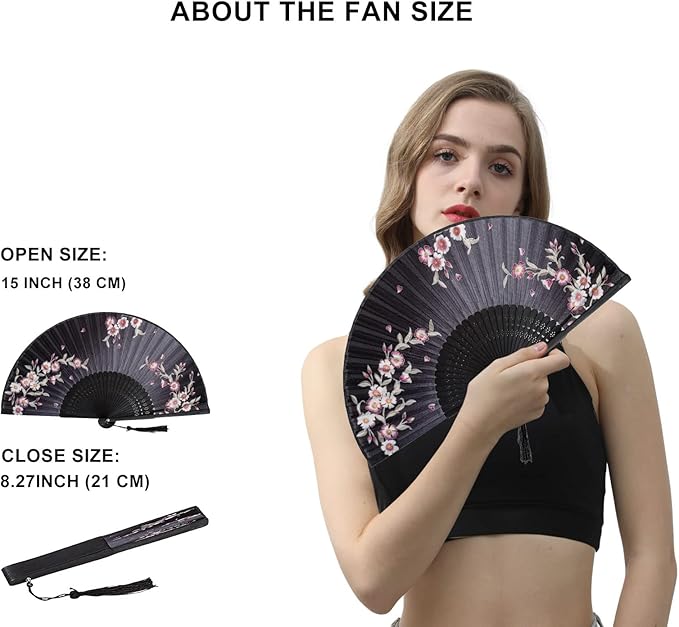 Amajiji 8.27" Hand Held Bamboo Silk Folding Fan Hand Fan, Chinese/Japanese - Image 2