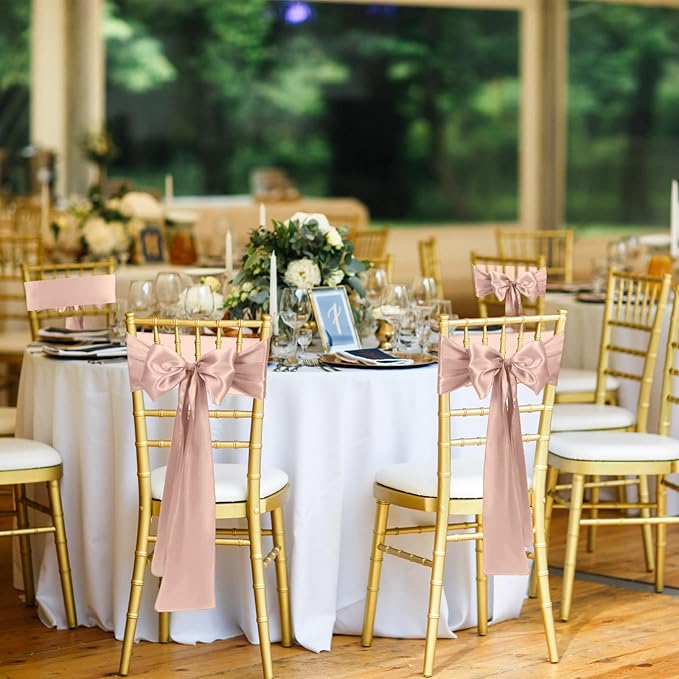 50 PCS Blush Pink Satin Chair Sashes Bows Universal Chair Ribbon Ties Back Sash - Image 5