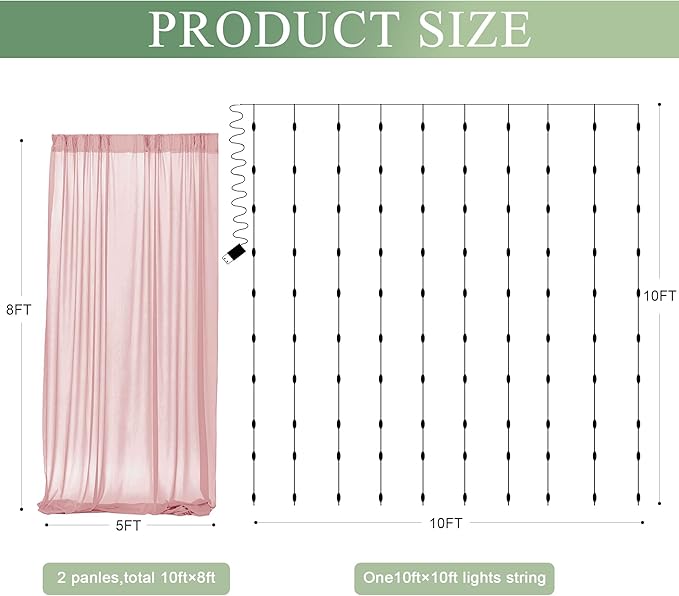 Tulle Backdrop Curtain with Lights String 10FT X 8FT Dusty Rose Sheer Tulle - Image 2