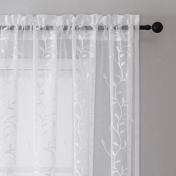 VISIONTEX White Sheer Voile Curtains, Decorative Leaves Embroidery Faux Linen - Image 3