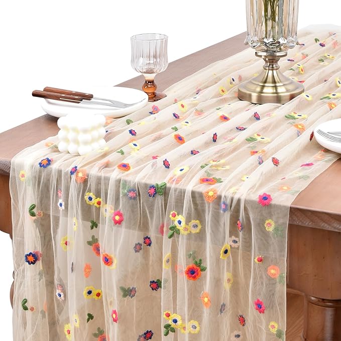 Joanlody Champagne Embroidery Daisy Fall Thanksgiving Table Runner 10ft Florals by Joanlody