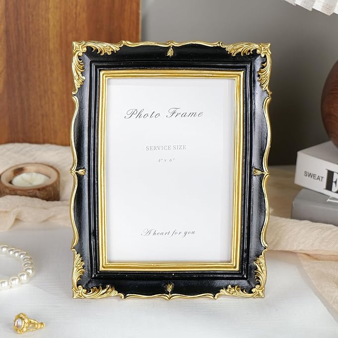 Cuspin 4x6 Picture Frame Black and Gold Vintage Frame, Ornate Textured - Image 2