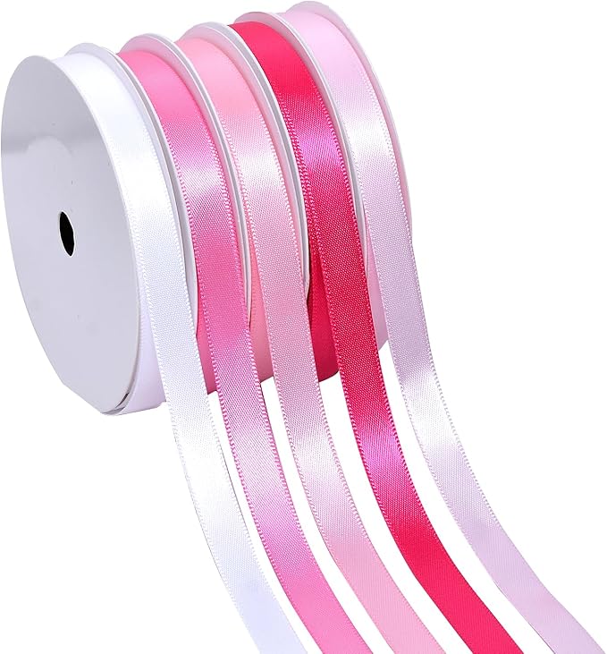 Ribest Pink Double Faced Satin Ribbon Set, 3/8 Inch White, Light Pink, Hot Pink by Ribest