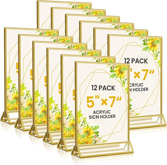 Acrylic Gold Sign Holders 5x7, 12 Pack Wedding Gold Table Number Holders by HRSDEIE