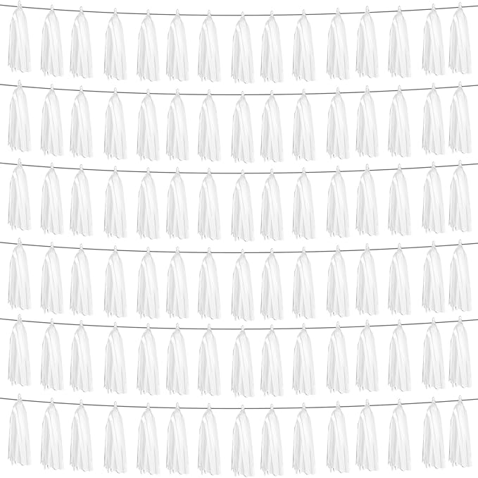 6P White Foil Fringe Metallic Tassel Streamers Banner Tassel Garland by HYSILLA