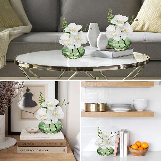 White Orchids Artificial Flowers Faux Orchids Arrangement in Light Green Glass - Image 6
