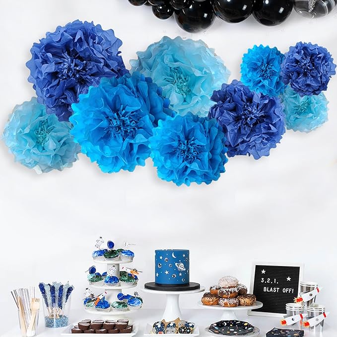 Blue Paper Flower Pom Poms Wall Decorations - Image 6