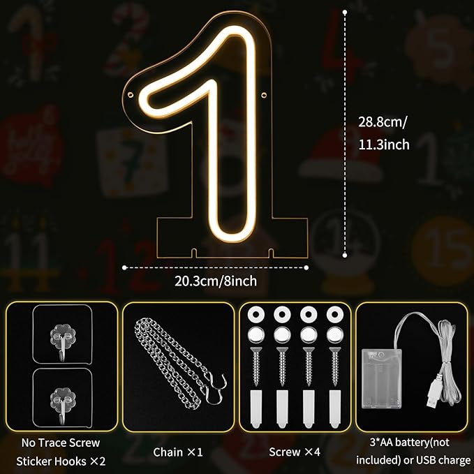 Number 1 LED Neon Sign Backdrop Birthday Party Decoration, 11.3" Height Warm - Image 3