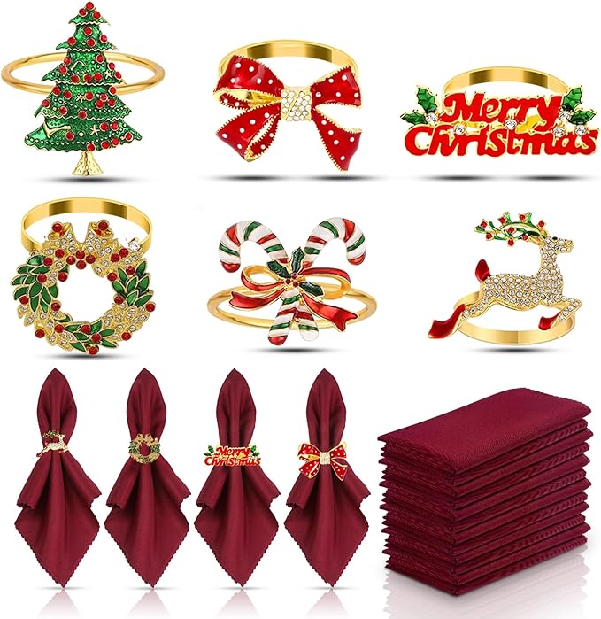 KPOSIYA 12PCS Christmas Napkin Rings Set of 6 and 6pcs Red Napkins Cloth by KPOSIYA