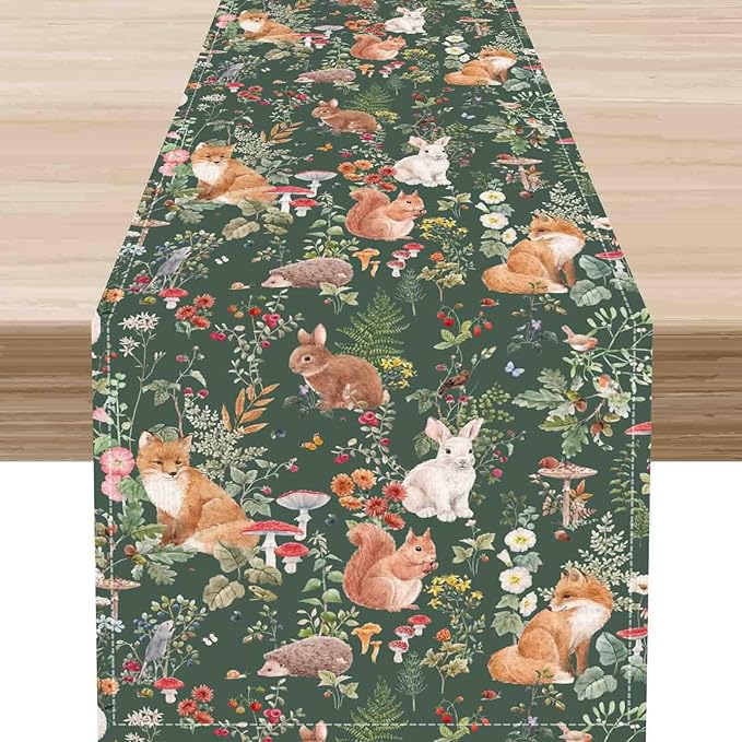 Rustic Forest Table Runner, Farmhouse Wild Woodland Animals Country Deer Fox by Unknown