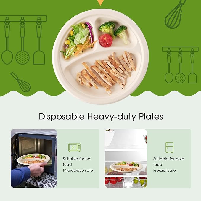 ECOLipak 125 Pack 3 Compartment Plates Disposable, 10 inch Heavy-Duty - Image 4