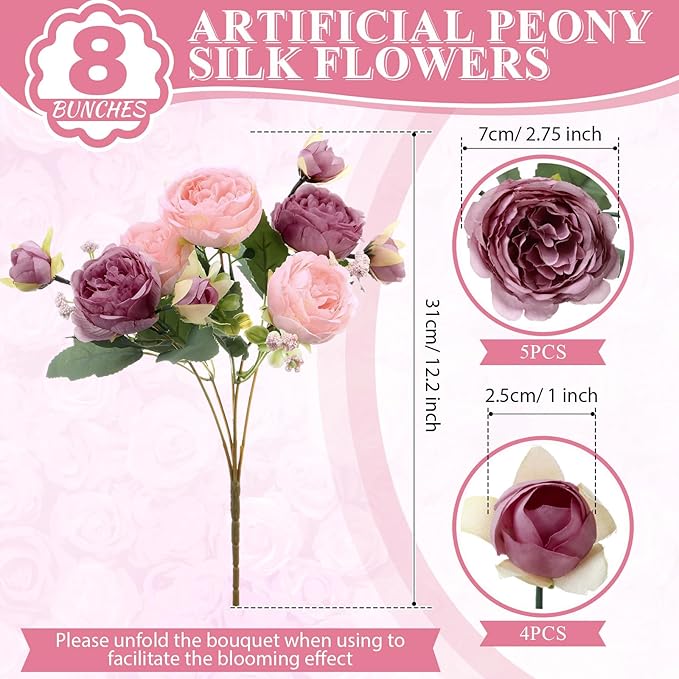 8 Bundles Artificial Peonies Flowers Boho Faux Flowers Arrangements Artificial - Image 2