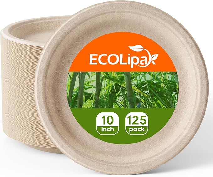 ECOLipak 100% Compostable 10 Inch Paper Plates, 125 Pack Heavy Duty Disposable by ECOLipak