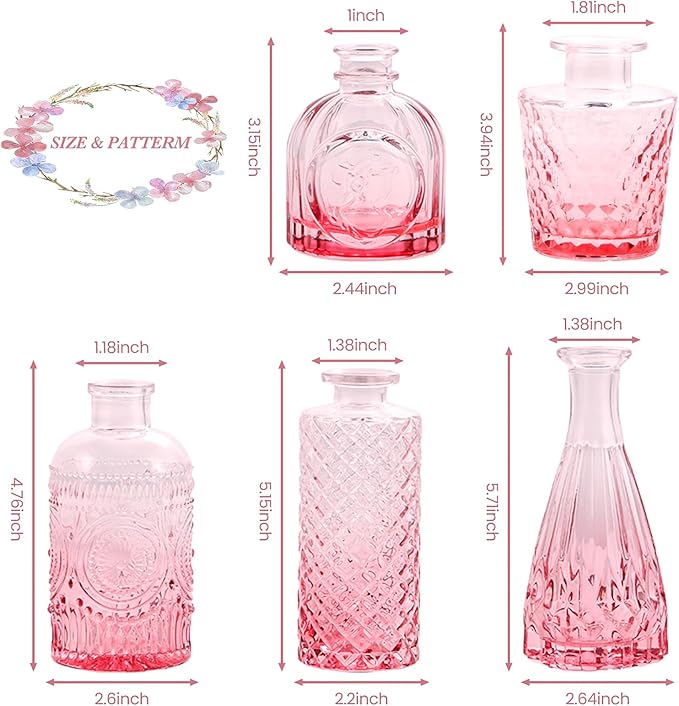 Pink Glass Bud Vases Set of 5, Mini Flower Vase - Image 6