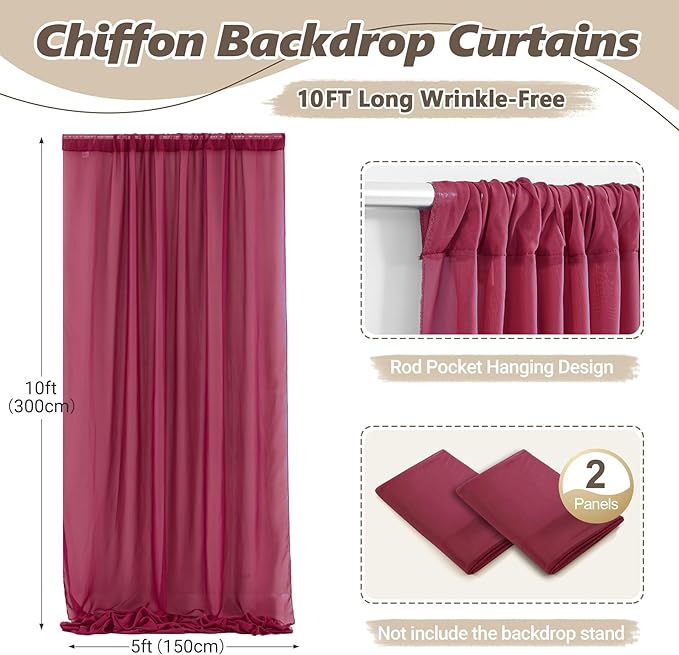 10ft x 10ft Burgundy Backdrop Curtains, Wrinkle-Free Sheer Chiffon Fabric Photo - Image 3