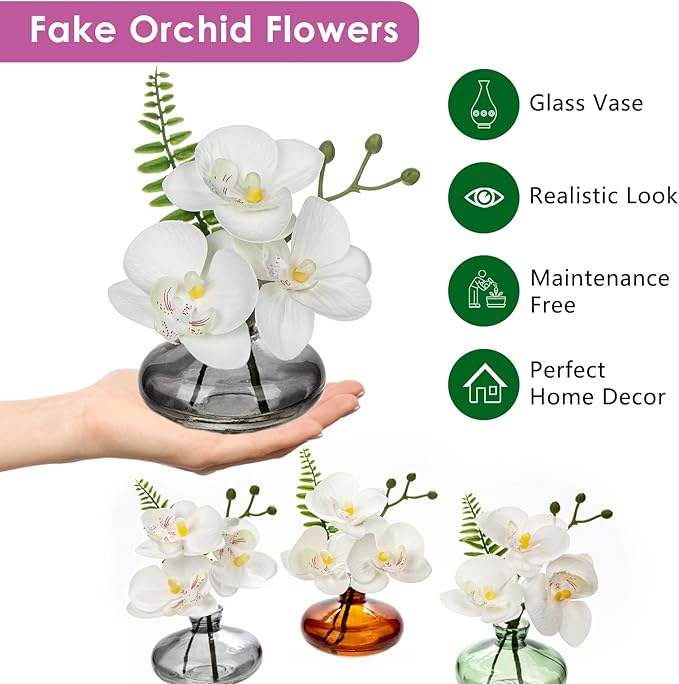 White Orchids Artificial Flowers Faux Orchids Arrangement in Black Glass Vases - Image 3