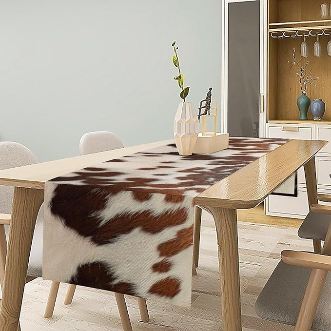 Farmhouse Cow Skin Print Table Runner, Safari Wildlife Brown Country Farm - Image 3
