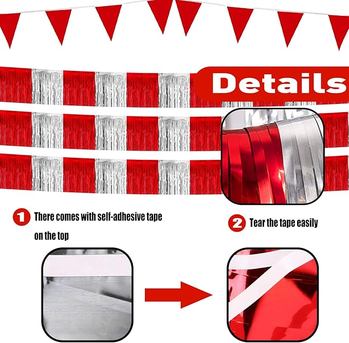 6 Pack 10 Feet Red Silver Foil Fringe Garland Metallic Tinsel Streamers Banner - Image 3