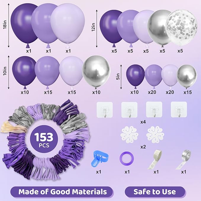 Amandir 153pcs Purple Balloon Garland Arch Kit, Different Sizes 18 12 10 5 inch - Image 2