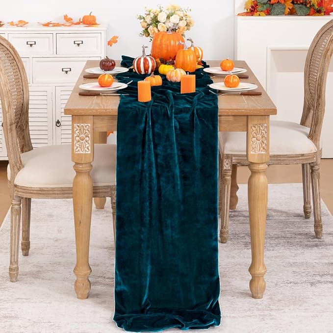 Peacock Green Velvet Table Runner Fall Thanksgiving Turquoise Table Runner 20 x - Image 2