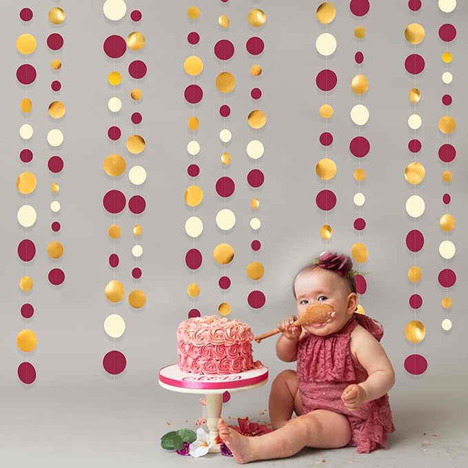 46 Ft Maroon Gold Party Decorations Burgundy Gold Beige Polka Dot Garland - Image 7