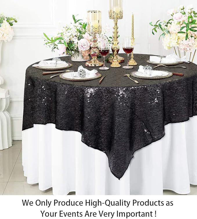 ShinyBeauty Sequin Tablecloth Black 72''x72'' Square Black Glitter Table Cover - Image 2