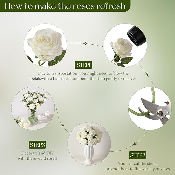 Tifuly White Roses Artificial Flowers -12 pcs Realistic Single Long Stem Fake - Image 8