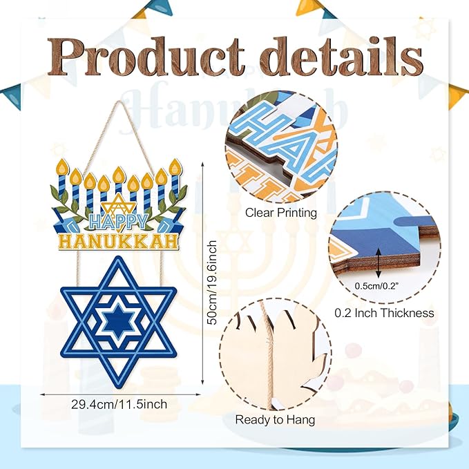 CHDITB Happy Hanukkah Shalom Front Door Sign, Wooden Jewish Festival of Light - Image 2