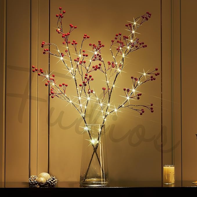 Fudios Lighted Red Berry Branches 80 LED Fairy Lights - Image 3