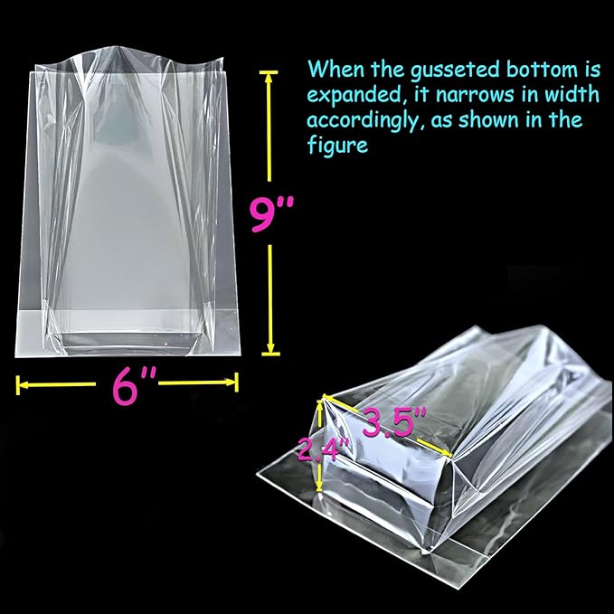 PigPotParty Cellophane Treat Bags 6"x9", 50 Pack Clear Goodie Bags, 2.4" Bottom - Image 2