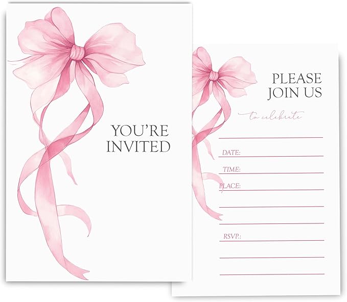Pink Bow Birthday Invitations for Girls, Elegant Bow Birthday Party Invitaions by Fablus