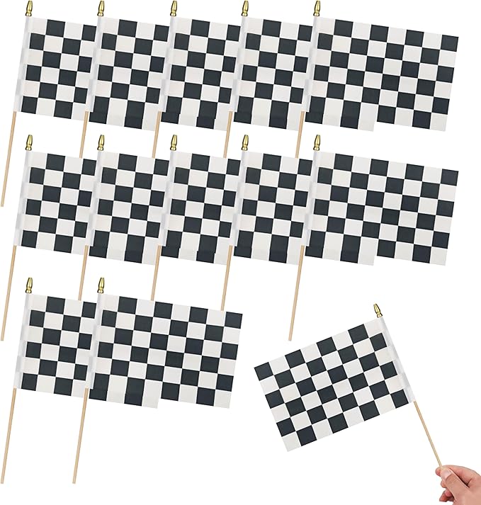 12Pcs Small Checkered Black and White Racing Flags on Wooden Stick Mini Race by HSQCEZ