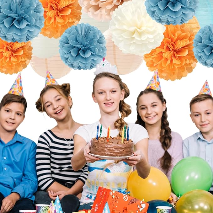 Dusty-Blue Orange Party-Decorations Paper-Flowers Lanterns - Image 6