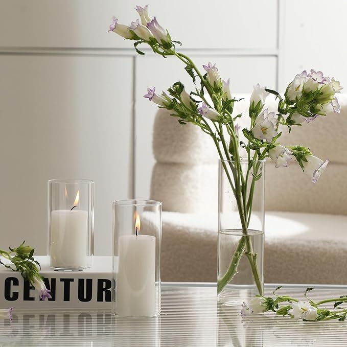 UDU Set of 6 White Pillar Candles and 6 Glass Cylinder Vases Hurricane Holders - Image 5
