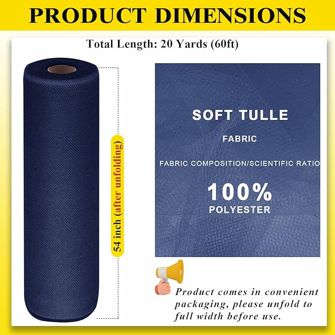 54" x 20 Yards Navy Blue Tulle Fabric Rolls - Image 3