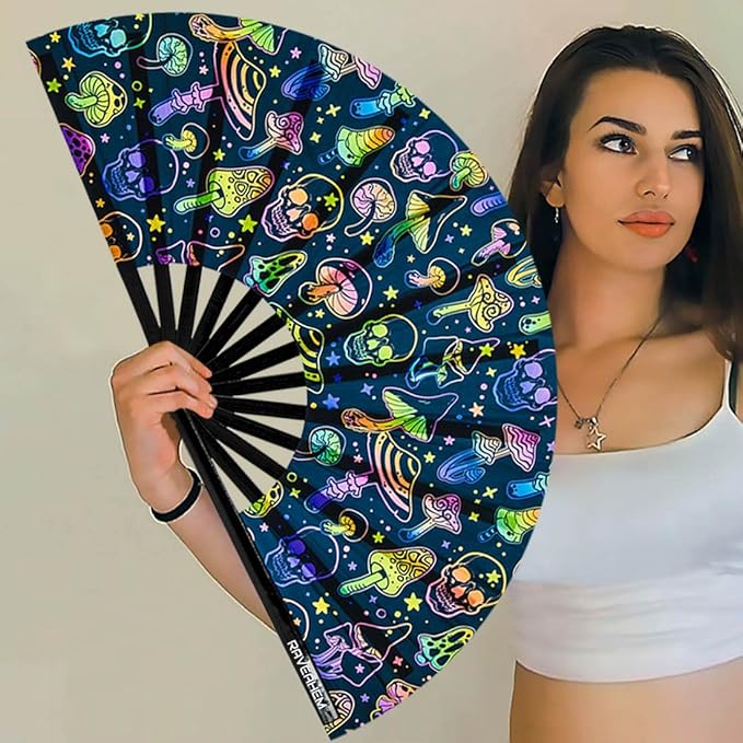 UV Glow Rave Fan, Bamboo Folding Clack Hand Fans Foldable - Image 3