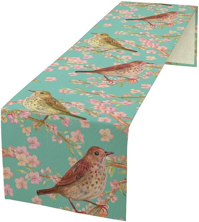 Table Runner with Flowers and Birds, Spring Plant Flowers Table Decoration by ICMOLYYENLO