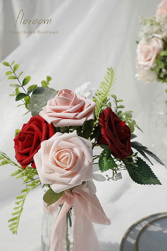 Floroom Artificial Flowers 25pcs Real Looking Dark Red Ombre Colors Foam Fake - Image 3