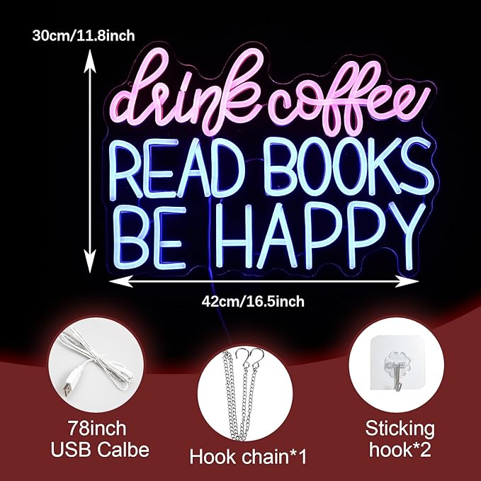 Drink Coffee Read Books Be Happy Neon Sign USB Powered Led Read Books Neon Light - Image 2