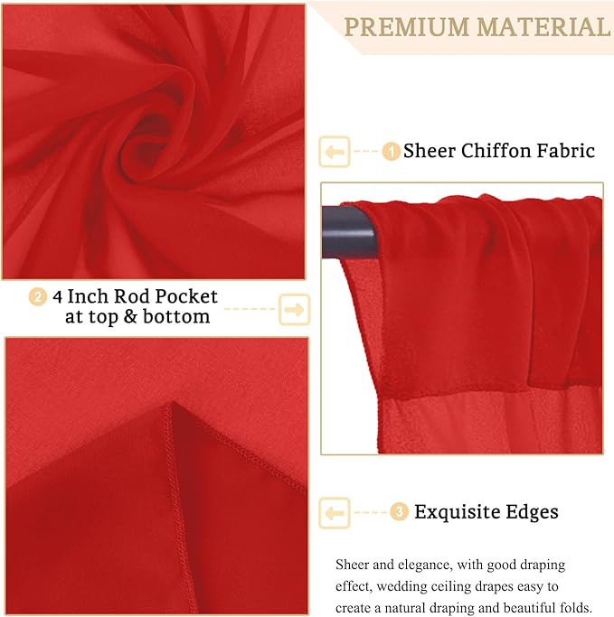 MODFUNS Red Ceiling Drapes for Weddings 5x30ft 6 Panels Chiffon Ceiling Curtain - Image 3