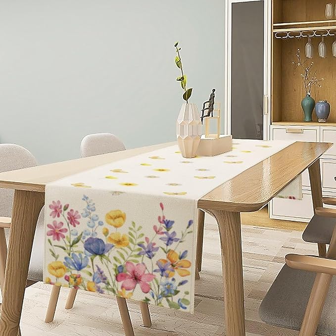 Flower Table Runner, Colorful Watercolor Pink Flower Plants Nature Butterfly - Image 7