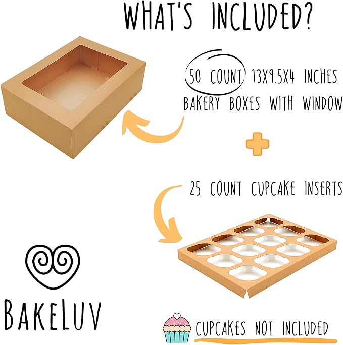 BAKELUV Brown 12 Cupcake Boxes, Cupcake Containers | 13x9.5x4, 50 Pack - Image 2
