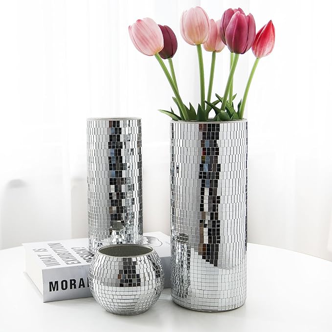 WDHODEC Disco Vase for Flowers 2 PCS Glass Mirror Vases for Living Room - Image 7
