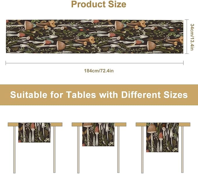 Mushroom Table Runner, Retro Forest Wildflower Botanical Plants Flower Art - Image 2