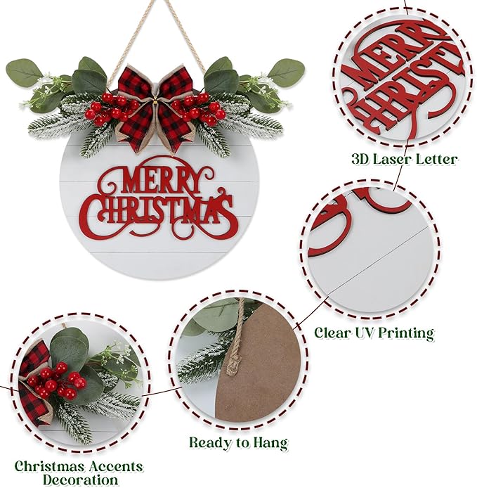 CHDITB Cute Merry Christmas Wooden Front Door Wreath, Farmhouse 3D Christmas - Image 2