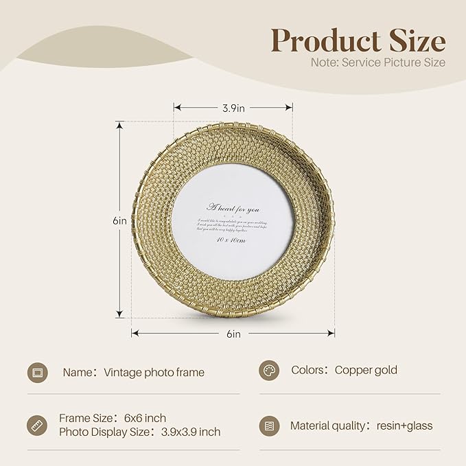 Cuspin Round Picture Frame 4x4 Vintage Gold Frames, Rattan Textured - Image 7