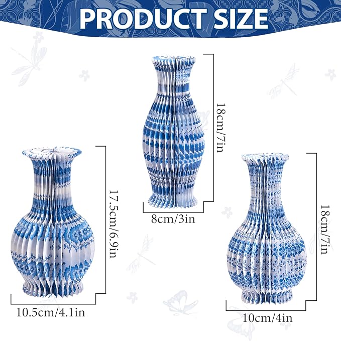 3 Pcs Blue and White Paper Honeycomb Vase, Foldable Decorative Vase - Image 2