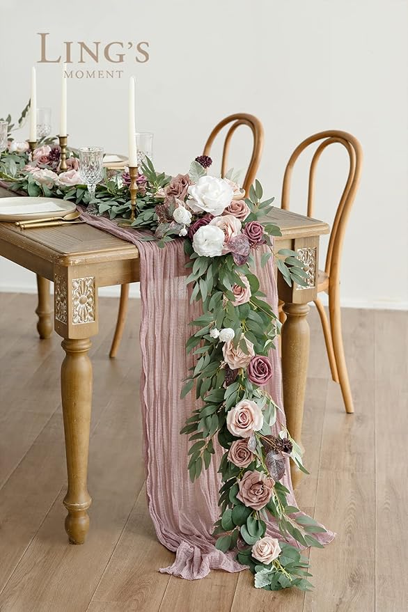 Ling's Moment Pink Flower Garland - 6FT Eucalyptus & Rose - Sweetheart Table - Image 2