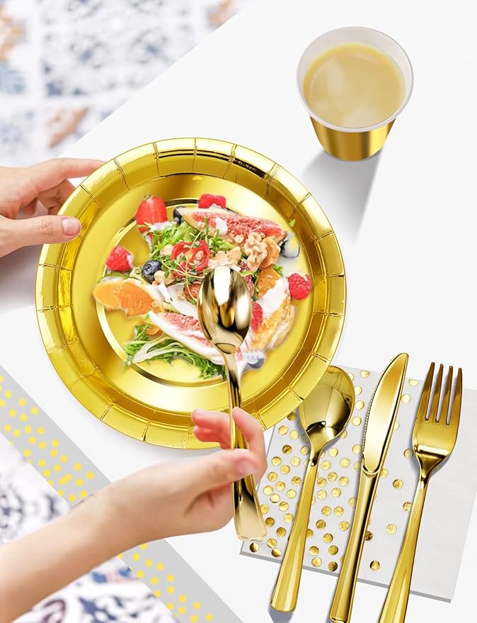 141 Pieces Gold Party Supplies, Party Dinnerware Sets Include Paper Plates - Image 4