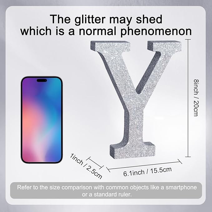 TONIFUL 8 Inch Silver Glitter Letter Y Table Centerpiece A-Z Silver Birthday - Image 2